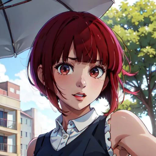 Masterpiece, best quality,highres,Arima Kana, blunt bangs, sleeveless_dress,pointing at viewer:1.2, detailed face, detailed eyes,outdoor  <lora:Arima Kana:0.7>