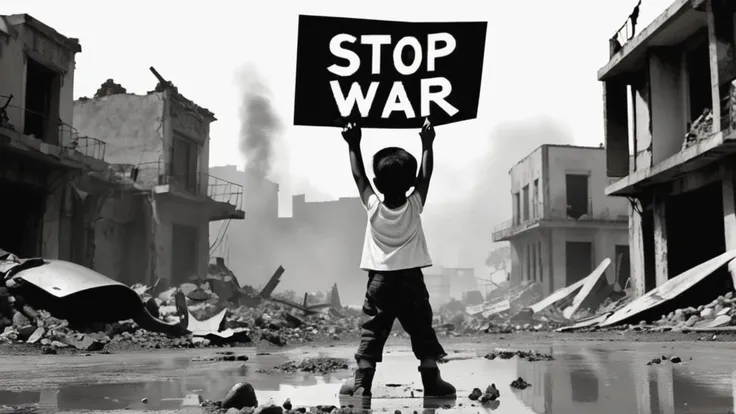 (A picture of a child holding a dirty sign that reads Stop the War:1.2),.children, anti war,tears, stop the war, (superb black and white:1.6), insanely detailed, hyper realistic, award winning photography, damaged tank, gun, atomic bomb, damaged city, dama...