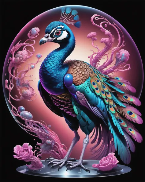 hologram of Synthwave Dissection cutaway of ravenous peacock  by nychos as a watercolor, analog properties have thwarted the AI overlords digital damage as a colorspray across the galaxy, raytracing, 
 floating in space, a vibrant digital illustration, dri...