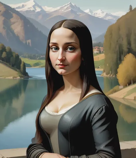 closeup rendition of the Mona Lisa, (pov selfie:1.2), lake and hills in background, (by Alex Maleev:1.5)