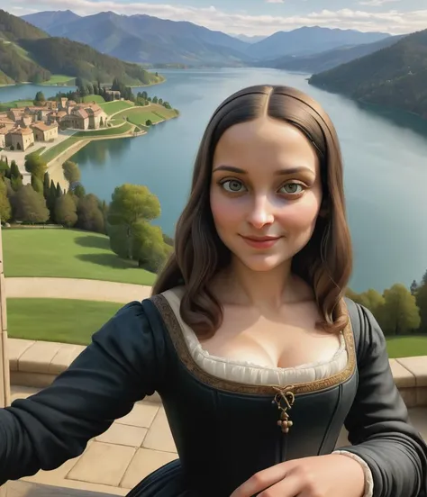 rendition of the Mona Lisa, (pov selfie:1.2), taking a selfie, closeup, lake and hills in background, Renaissance attire