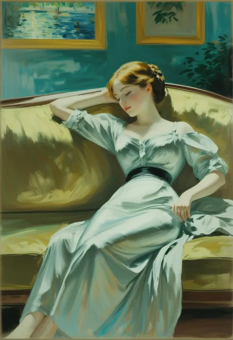 a painting of a woman in a blue dress sitting on a couch