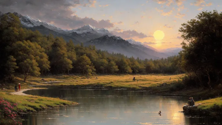 painting of a river with a mountain in the background