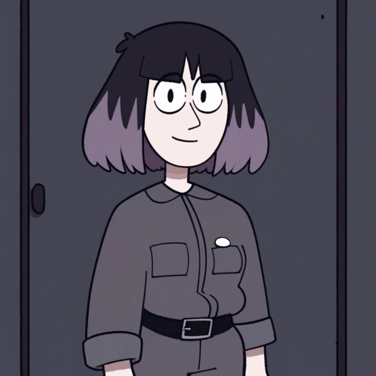 a cartoon of a woman with glasses and a belt