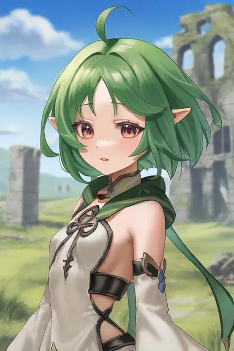 a woman with green hair and green hair standing in front of a castle