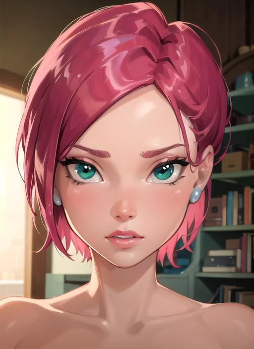 a beautiful picture of Tecna, masterpiece, photorealistic, detailed, 4k, HDR, backlighting, bloom, light, RAW color photo, smooth skin, pink hair, short hair, detailed face, green eyes, nude, <lora:WinxClubTecna-10:0.9>