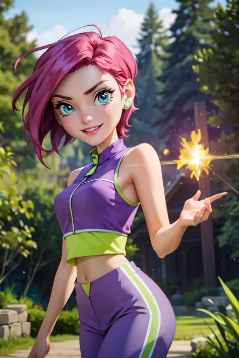 Tecna,short pink hair, green eyes,CasualOutfit, sleeveless purple and green croptop, purple pants, looking at viewer, serious, smiling, teeth, holding energy spell, outside, forest, high quality, masterpiece,  <lora:WinxClubTecna:.8>