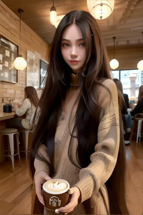 a woman holding a cup of coffee in a coffee shop