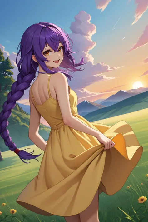 score_9, score_7_up, source_anime, dutch angle, from behind, looking back, looking at viewer, smile, open mouth, 1girl, purple hair, braided ponytail, crossed bangs, long hair, dress lift, yellow sundress, outdoors, field, mountain, tree, wind, sunrise