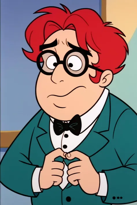 a close up of a cartoon character wearing a suit and bow tie