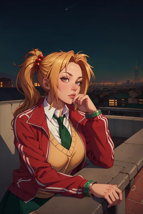 (masterpiece, best quality, absurdres, 4k, aesthetic, detailed, intricate, perfect lighting), cinematic angle,outside,rooftop,cityscape,1girl,sitting,elbow rest, amagake yuri,hair ornament, red jacket, yellow sweater vest, green necktie, green skirt <lora:...