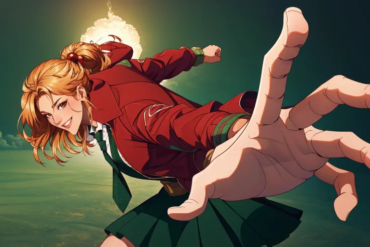 anime girl in a red shirt and green skirt flying through the air