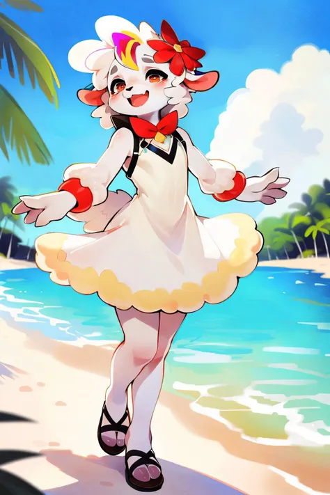 a cartoon girl in a dress and sandals walking on a beach