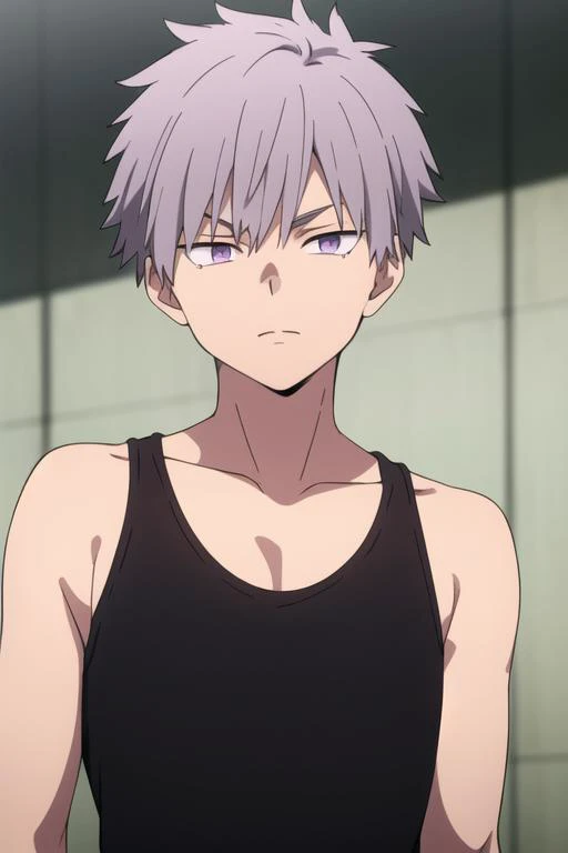 masterpiece, best quality, high quality, 1boy, solo, male focus, looking at viewer, upper body, <lora:shiki_tademaru:0.54>, shiki_tademaru, purple eyes, grey hair, , tank top