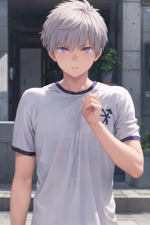 masterpiece, best quality, high quality, 1boy, solo, male focus, looking at viewer, upper body, <lora:shiki_tademaru:0.68>, shiki_tademaru, purple eyes, grey hair, realistic, sportswear