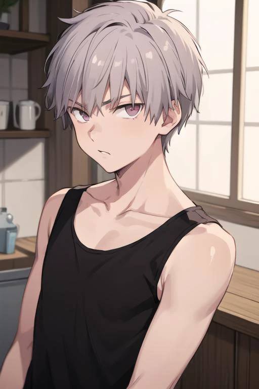 masterpiece, best quality, high quality, 1boy, solo, male focus, looking at viewer, upper body, <lora:shiki_tademaru:0.54>, shiki_tademaru, , grey hair, , tank top