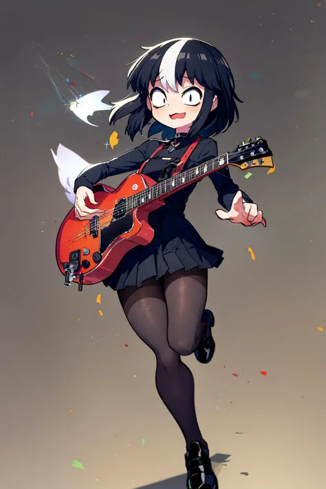 ((masterpiece)), (best quality), official art, extremely detailed CG, unity 8k wallpaper, ultra detailed,
1girl, Noss, black hair, multicolored hair, black dress, smile, open mouth, miniskirt, black pantyhose, black footwear,
Bewildered, Pretending to play...