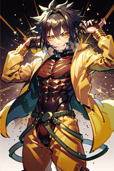 <lora:VanitasKH:0.8> VanitasKH, spiky hair, yellow eyes, evil grin,  <lora:OUTFIT-dio-000008:1> outfit-dio,headband, yellow jacket,, ultra detailed, masterpiece, best quality, aesthetic, detailed,