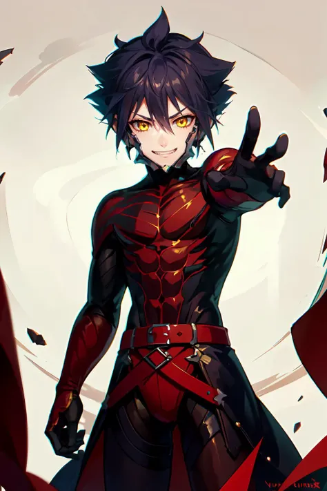 <lora:VanitasKH:0.8> VanitasKH, spiky hair, yellow eyes, chin guard, bodysuit, evil grin, (1boy:1.3), reaching out, open hand, standing, cowboy shot,, ultra detailed, masterpiece, best quality, aesthetic, detailed,