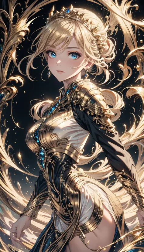 MarbleGoldWorld, 
professional art of a dreaming woman, wonam stay and look to a far, wearing in a gold longdress, 
long blond hair, gold tiara on head, blue eyes, 
midasmagic, golden aura, midasmagic wind, thundermagic wind, 
darkness on bg, 
<lora:PAseer...