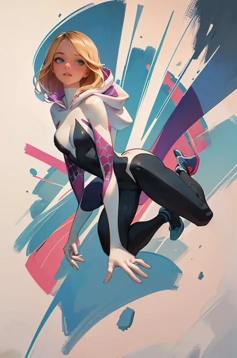 masterpiece, best quality, Maria, Merge contrasting colors with strong brushstrokes, creating a collision of chaotic color forms and energetic interactions on the canvas , blue eyes, looking at viewer, blue eyes, blonde hair, hooded bodysuit, spidergwen <l...