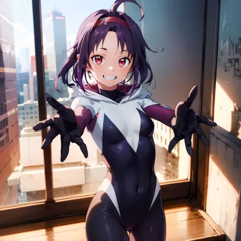 (zkz girl), ((darkpurple hair)),(ahoge),(solo:1.3), small_breasts,
BREAK
(hooded bodysuit)) , best quality,  spidergwen, New York, skyscrapers, window reflections, sunlight and shadows,reaching out, grin,cowboy shot,