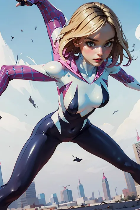 (masterpiece, best quality), 1girl,  <lora:spidergwen:1> hooded bodysuit, spidergwen,  blonde hair,  torn clothes, torn legwear, torn bodysuit,  <lora:clothing_explosion_lora01:1>