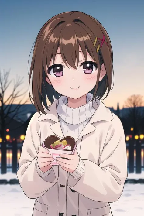 masterpiece, best quality,ultra detail,girl,  <lora:nanoha-movie-2nd-yagami-hayate:0.7>yagami-hayate,13yo,blush,smile,winter outfit,presenting for viewer,heart,chocolate,evening,park,upper body,shiny eyes