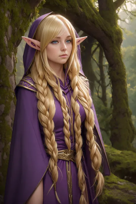 a woman with long blonde hair wearing a purple cloak and purple cape