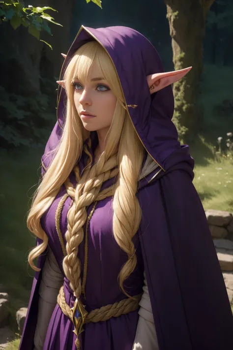 a close up of a woman in a purple dress with a hood on