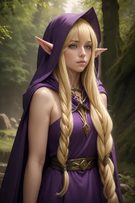 a woman in a purple dress with long blonde hair and a hood