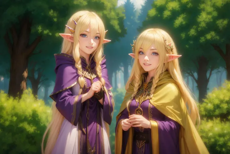 two young women dressed in purple and gold standing in a forest