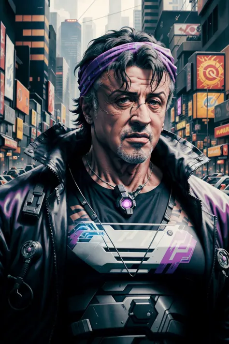 a man in a leather jacket and headband standing in a city