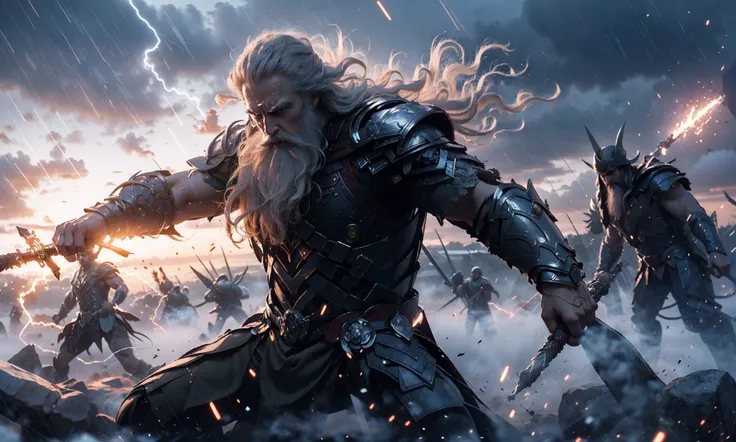 Epic CG masterpiece, "Odin" in battle armor came like a god The dancing long knife, charging forward battlefield, the burst meteor, the fierce battle of fighting with his life, God Odin raised his spear and looked down on all living beings in a rainy night...