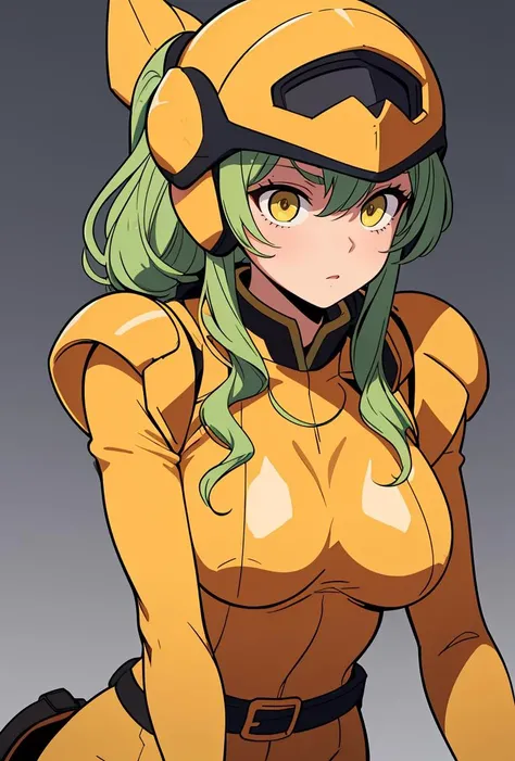 (masterpiece, best quality), 1girl, Chartreuse Side Swept Curls, Size A breasts,  <lora:0362 gundam victory zanscare pilot suit_v1:0.8> ruanyi0362,bodysuit,gloves,helmet,belt,yellow bodysuit,armor,