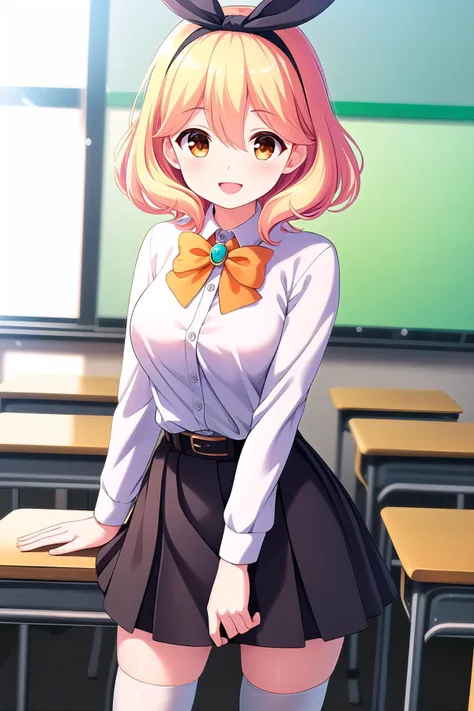 anime girl in a school uniform standing in front of a desk