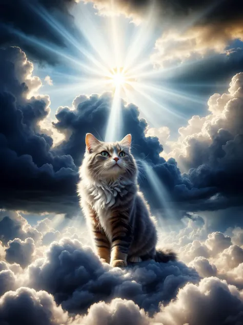 a cat sitting on top of a cloud covered ground under a sun