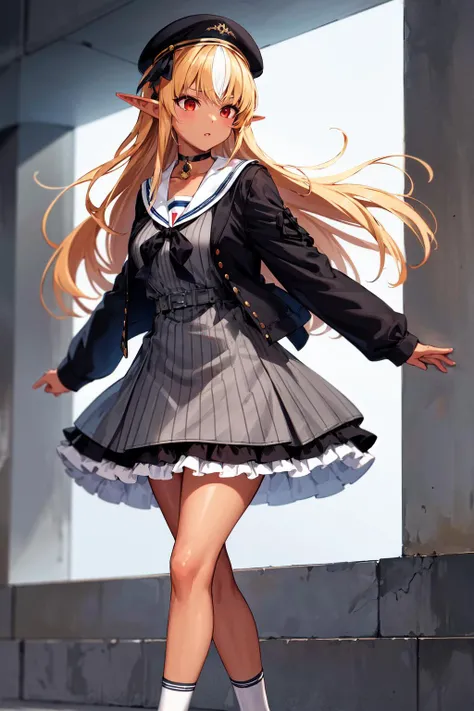 masterpiece, best quality, highres, shiranui flare, dark-skinned female, dark skin, solo, long hair, blonde hair, streaked hair, multicolored hair, dress, pointy ears, sidelocks, hat, grey dress, choker, shoes, striped, sailor collar, beret, elf, pinstripe...