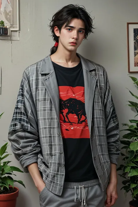 arafed man in a plaid jacket and black shirt standing in front of a wall