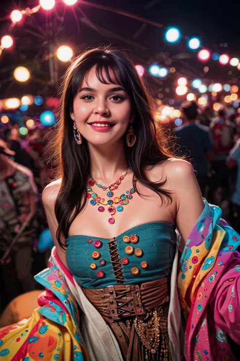 woman in a colorful dress posing for a picture in a crowded area