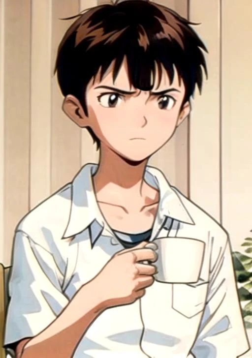 <lyco:shinji-08:0.7> shinji, solo, brown hair, shirt, 1boy, sitting, closed mouth, school uniform, collarbone, white shirt, upper body, short sleeves, male focus, collared shirt, indoors, black eyes, frown, chair, plant, pocket, retro artstyle, breast pock...