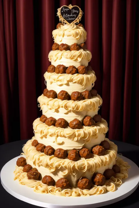 tiered Wedding Cake made out of fettuccine, marinara sauce, meatballs, high-quality, best-quality, highres, high detail, <lora:sp4gh3tt1_dr3ss:0.75>