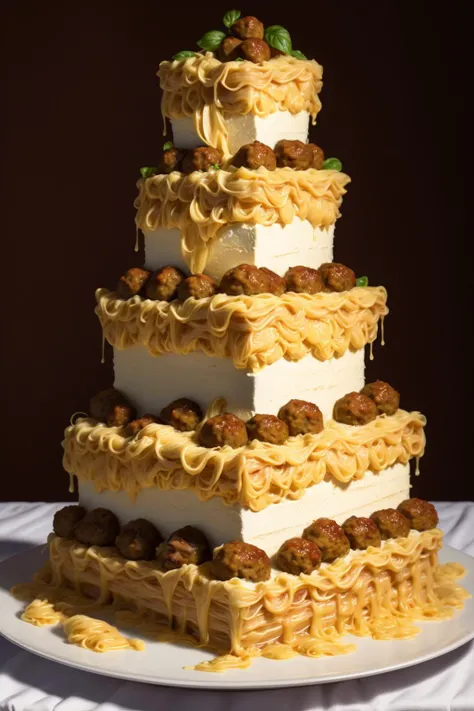 tiered Wedding Cake made out of Lasagna, marinara, meatballs, high-quality, best-quality, highres, high detail, <lora:sp4gh3tt1_dr3ss:0.75>