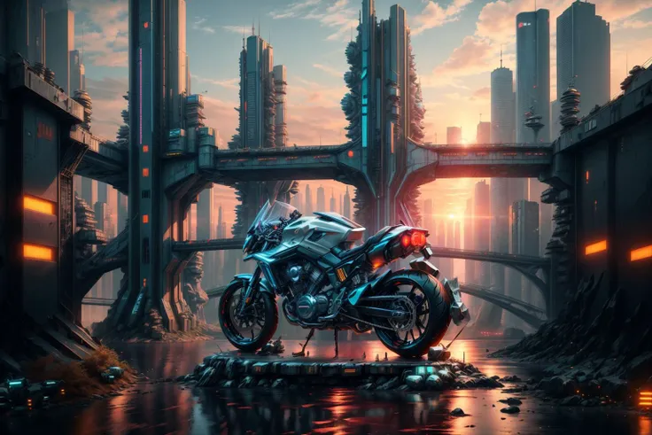 futuristic city with a motorcycle parked in a puddle of water