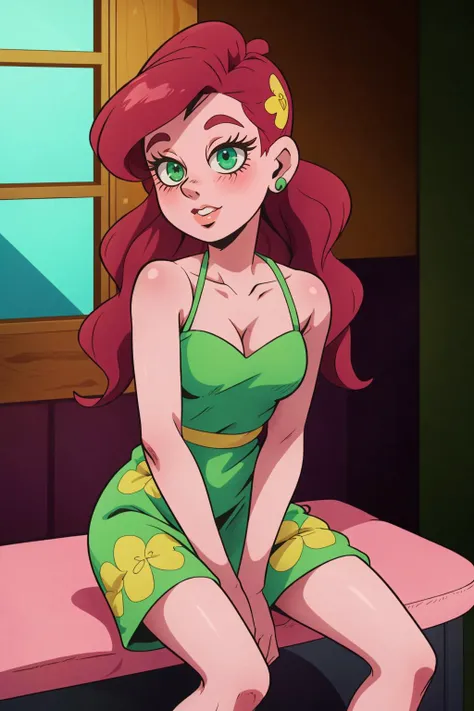 A woman in a vintage-inspired floral dress, her hair styled in loose waves, with a confident and radiant expression, feet out of frame, 
masterpiece, best quality, intricate detail,     anime screencap,     <lora:Jojo_anime_part5:1> Jojo_part5