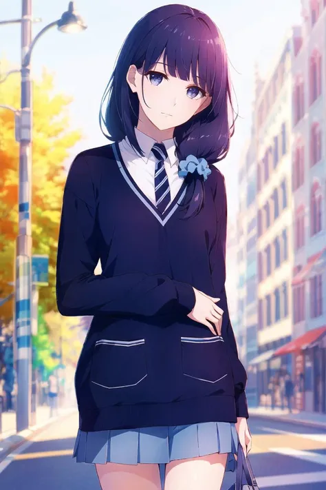 anime girl in school uniform standing on the street with her hand in her pocket