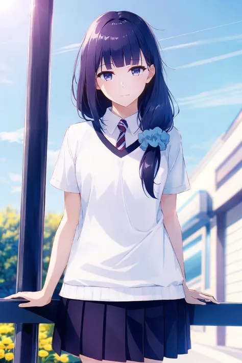 anime girl in school uniform standing on a railing with her hands on her hips