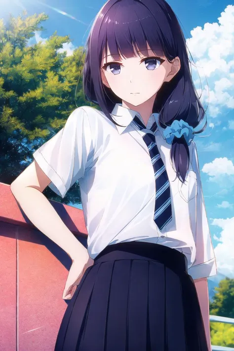 anime girl in school uniform standing on a ledge with her hands on her hips