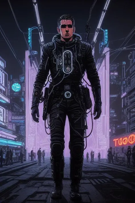 <lora:Valerian&Laureline-comic-style:0.5>| (full length portrait) of Technomancer wearing black trench coat| cable wires wrapped around arms| (detailed face)| precise line art| symmetrical features| cyberpunk background with neon lights| 2077| biopunk|