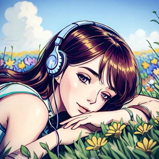 <lora:Valerian&Laureline-comic-style:0.6>| woman laying down in a field of flowers| headphone over the head| detailed face| symmetric| intricate| realistic| cinematic| highly detailed